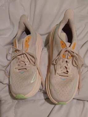 Hoka Women's Beige Running Sneakers with Yellow and Lime Accents